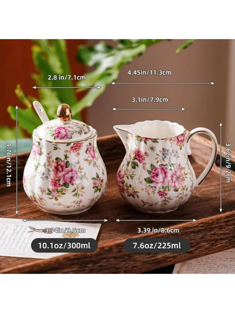 Elegant Ceramic Sugar and Creamer Set, 3-Piece with Lid & Spoon - Floral Design